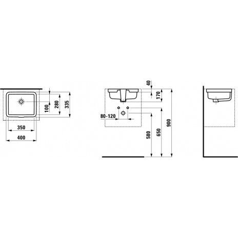 Praustuvas LIVING, 400x335x155 mm, įmontuojamas iš apačios, su nušlifuota apačia, baltas