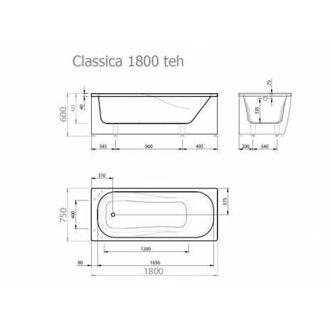 Akmens masės vonia Classica 1800x750 mm, su skylėm maišytuvui, balta