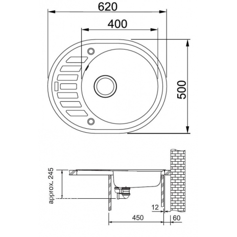 Akmens masės plautuvė Franke Ronda ROG 611-62, užkemšamas ventilis, Onyx