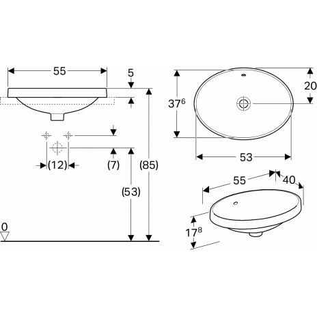 Praustuvas įleidžiamas VariForm 55 cm, ovalus, baltas