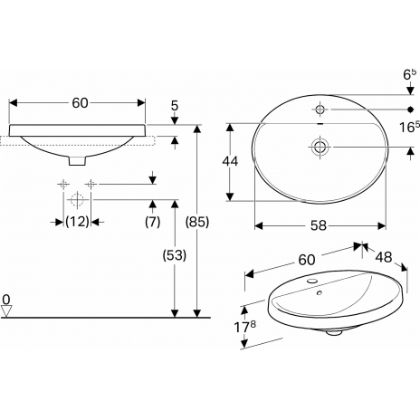 Praustuvas įleidžiamas VariForm 60 cm, ovalus, baltas