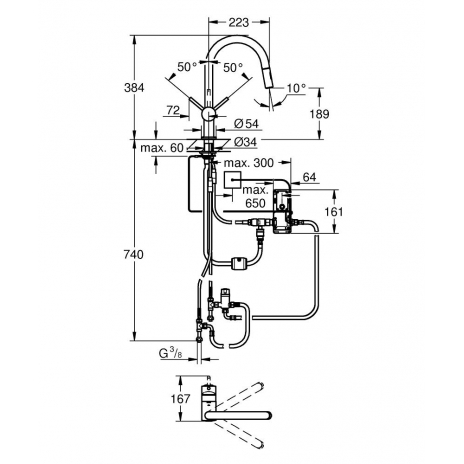 Grohe Minta touch elektroninis plautuvės maišytuvas, C formos ištraukiamas snapas, chromas