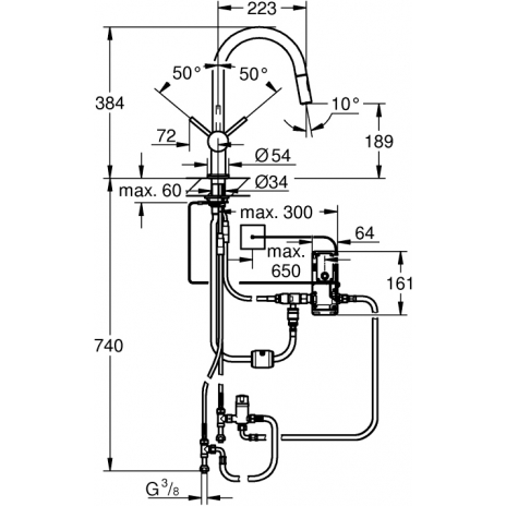 Grohe Minta Touch elektroninis plautuvės maišytuvas, C formos ištraukiamas snapas, nerūdijančio plieno spalva