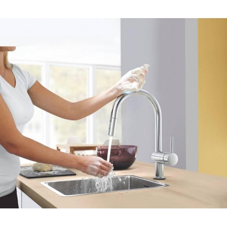 Grohe Minta Touch elektroninis plautuvės maišytuvas, C formos ištraukiamas snapas, nerūdijančio plieno spalva