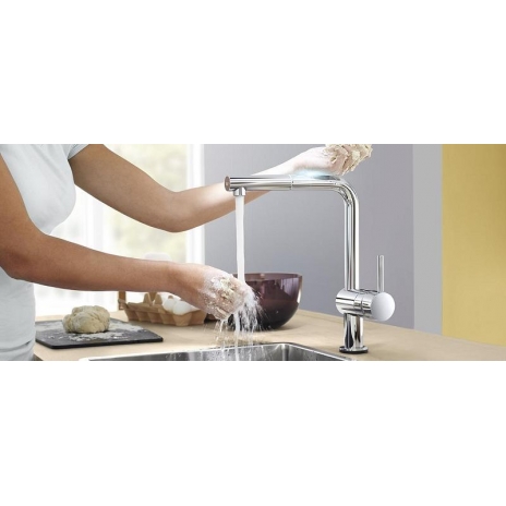 Grohe Minta Touch elektroninis plautuvės maišytuvas, L formos ištraukiamas snapas, nerūdijančio plieno spalva