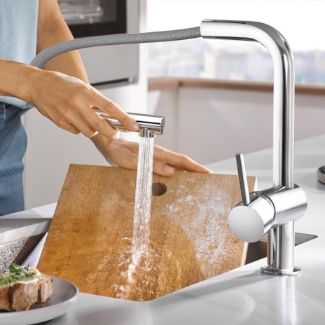 Grohe Minta Touch elektroninis plautuvės maišytuvas, L formos ištraukiamas snapas, nerūdijančio plieno spalva