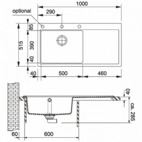 Akmens masės plautuvė Franke Mythos, MTG 611, Onyx, dubuo kairėje