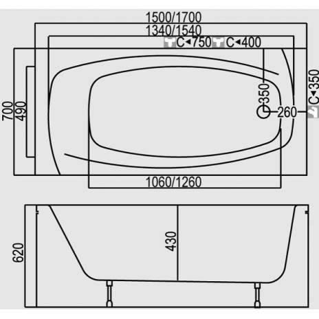 Vonia LINA 1500x700 mm, balta