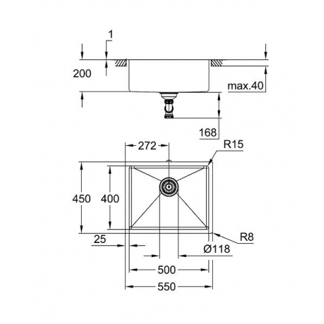 Plautuvė K700 U 60-S 544x444, nerūdijantis plienas, montuojama iš apačios, stainless steel