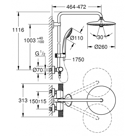 Termostatinė dušo sistema Euphoria 260 (stac. galva Ø260, alkūnė 450 mm, 3`jų srovių rankinis dušas 110), chromas