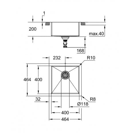 Grohe plautuvė K700 45-S 464x464, nerūdijantis plienas, montuojama iš apačios