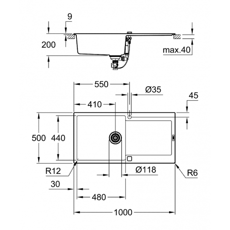 Grohe akmens masės plautuvė K500, 1000x500, ekcentrinis ventilis, spalva granito juoda
