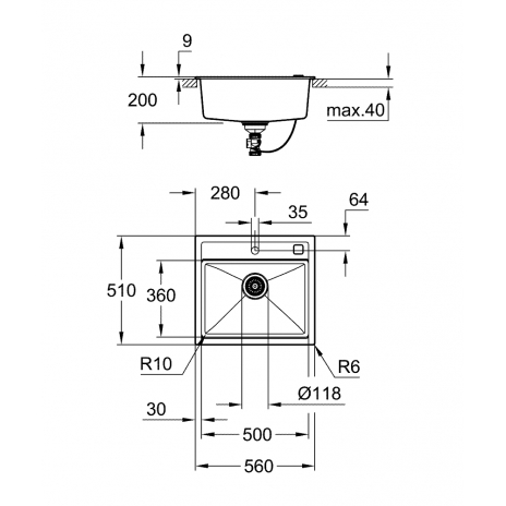 Grohe akmens masės plautuvė K700, 560 x 510 mm, granito juodos spalvos