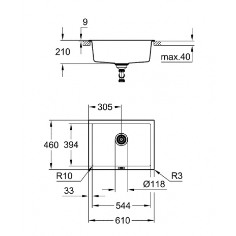 Grohe plautuvė K700U, montuojama iš apačios, 610x460mm, granito juodos spalvos