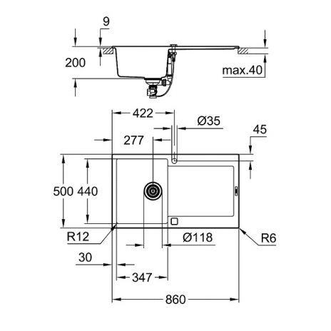 Grohe akmens masės plautuvė K500, su ekscentriniu ventiliu, juodos granito spalvos