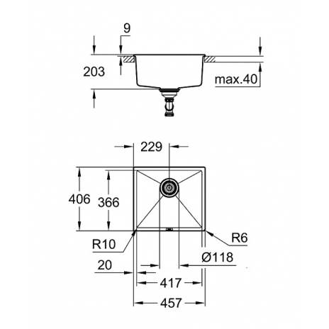 Grohe Iš apačios montuojama plautuvė K700U, 406x457 mm, spalva juodo granito