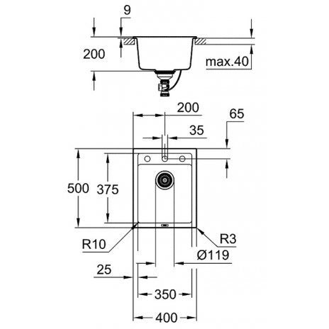 Grohe plautuvė akmens masės K700, 400x500mm, granito pilka spalva