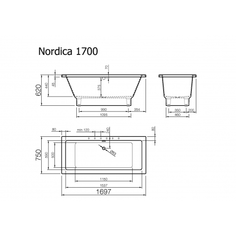 Akmens masės vonia Nordica  1690x750 mm su skylėm maišytuvui, paslėptomis kojomis, balta