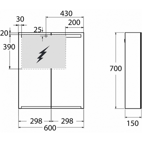 IFO Option veidrodinė spintelė 60, 70x60x15 cm su LED apšvietimu, 2 stiklinėm lentynėlėm, rozete