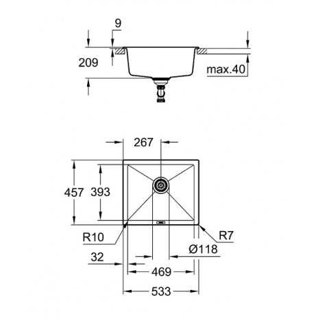 Grohe akmens masės plautuvė montuojama stalviršio apačioje K700U, 533 x 457 mm, granito juoda spalva